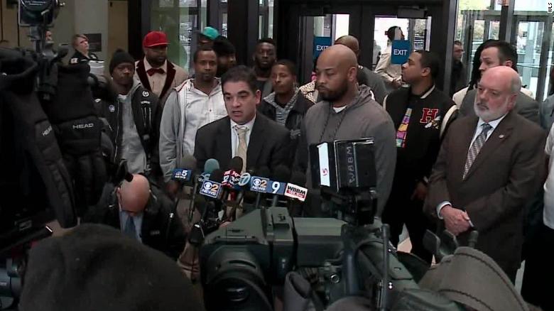 A press conference regarding the dropped drug convictions of 15 men in Chicago is seen here. (Credit: CNN)