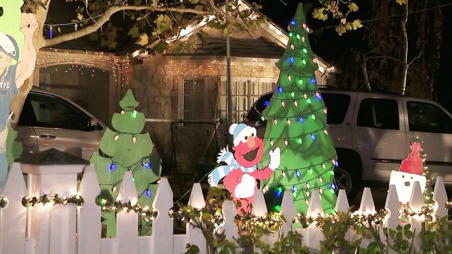 Christmas decorations are seen on Candy Cane Lane on Nov. 28, 2017. (Credit: KTLA)