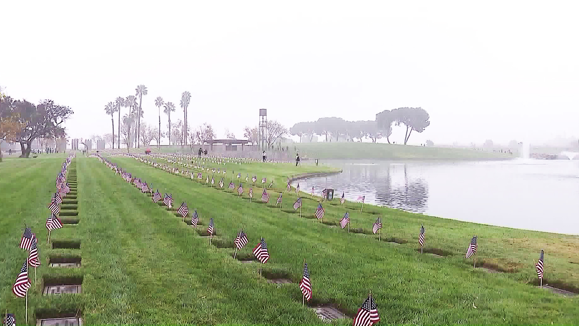 Flags are placed for every fallen soldier at Riverside National Cemetery on Nov. 10, 2017. (Credit: KTLA)