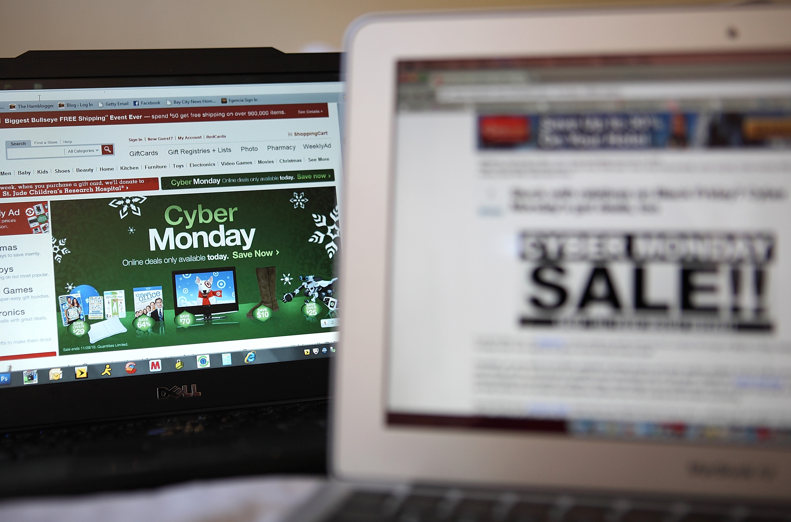 An ad seen on the Target website for a Cyber Monday sale is displayed on laptop computers on November 29, 2010. (Photo Illustration by Justin Sullivan/Getty Images)