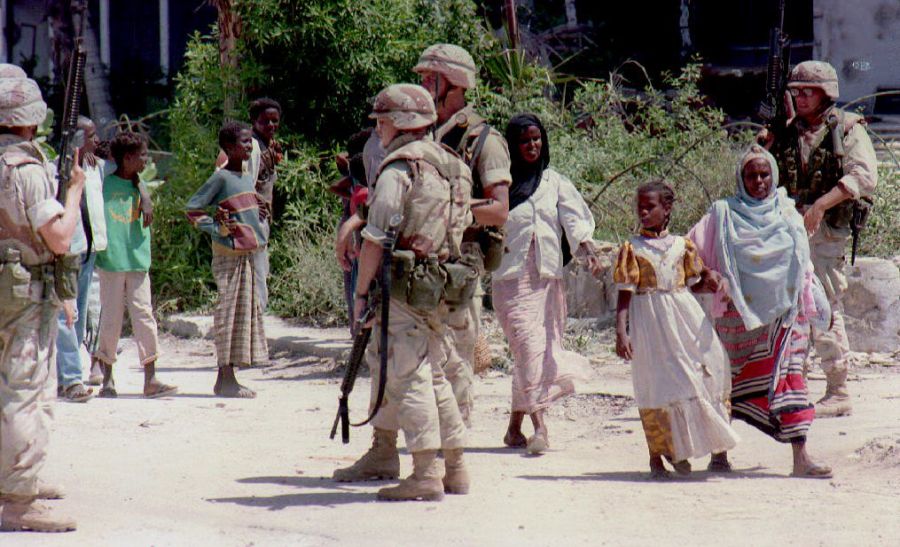 U.S. Marines patrol on Jan. 15, 1993 near the Green Line in Mogadishu, Somalia.(Credit: JOEL ROBINE/AFP/Getty Images)