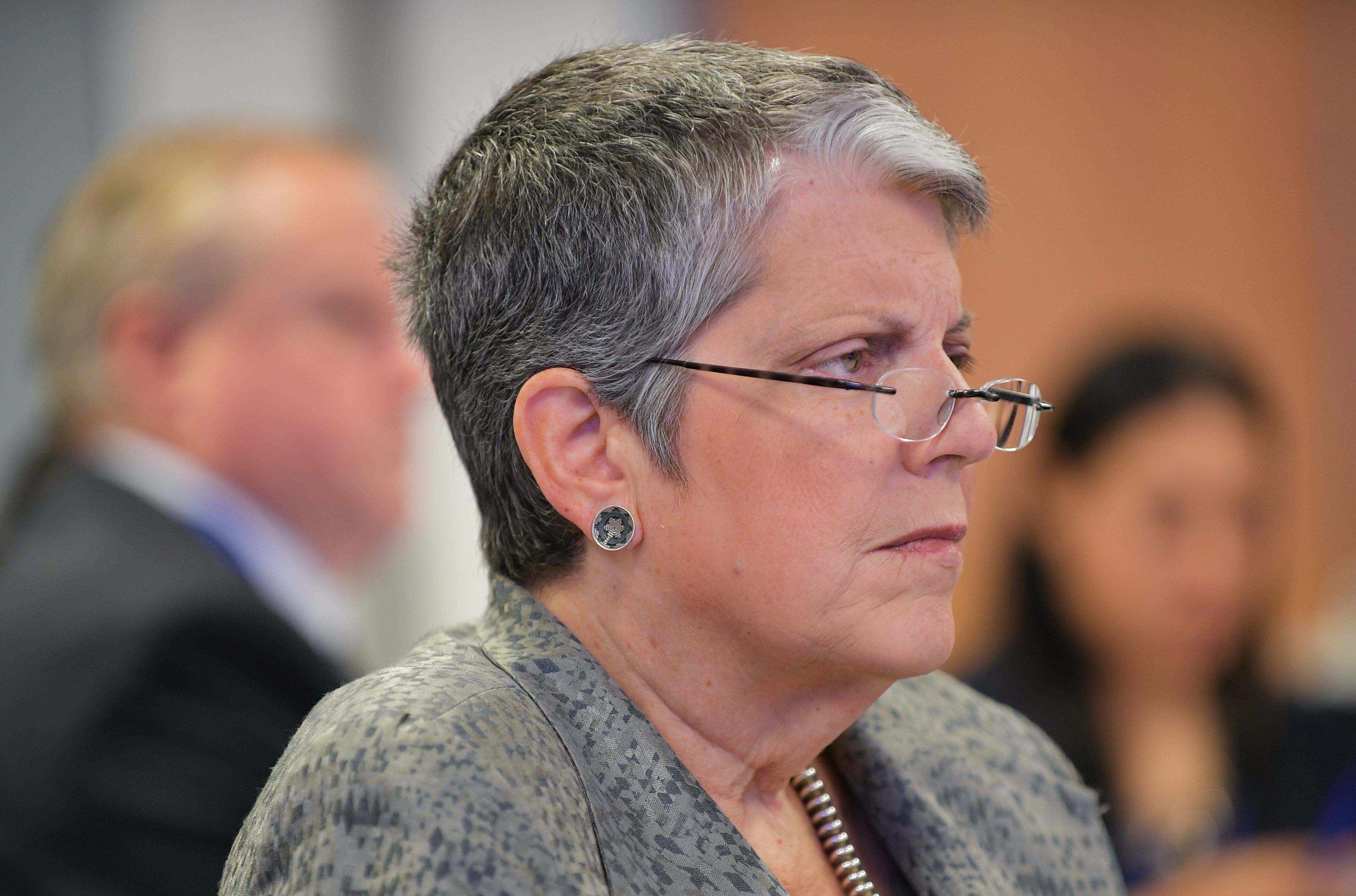 UC President Janet Napolitano listens to a speaker during a discussion organized by The Progressive Policy Institute at The University of California Washington Center on Sept. 21, 2017, in Washington, DC. (Credit: Mandel Ngan / AFP / Getty Images)