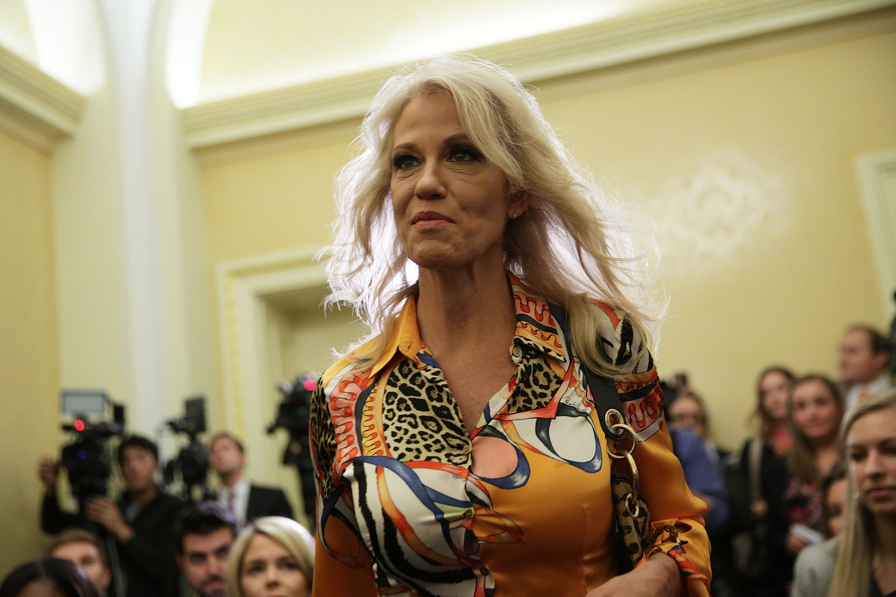 White House Counselor Kellyanne Conway arrives at a news conference on tax reform November 7, 2017 on Capitol Hill (Credit: Alex Wong/Getty Images)