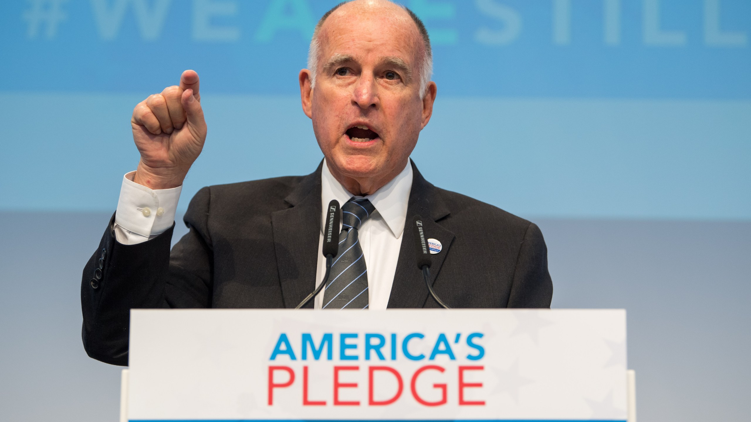 California Gov. Jerry Brown speaks at the America's Pledge launch event at the COP 23 United Nations Climate Change Conference on Nov. 11, 2017, in Bonn, Germany. (Credit: Lukas Schulze / Getty Images)