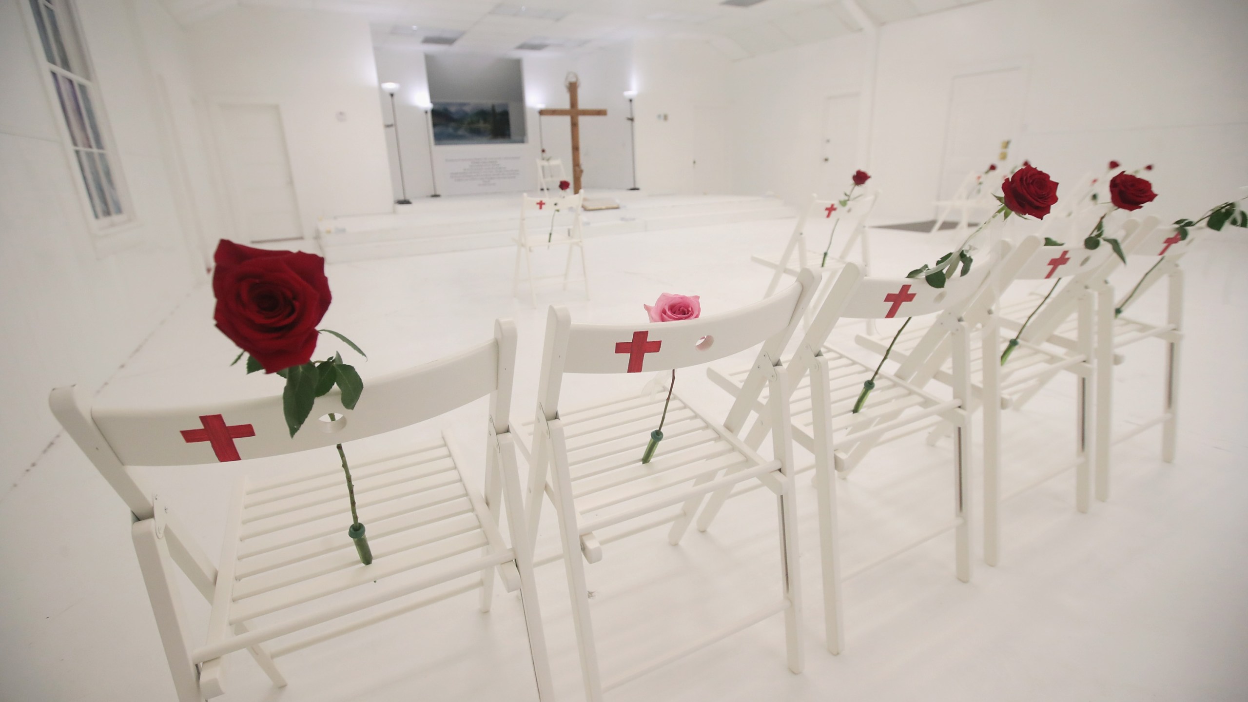 The First Baptist Church of Sutherland Springs, Texas, is turned into a memorial to honor those who died on Nov. 12, 2017. (Credit: Scott Olson / Getty Images)