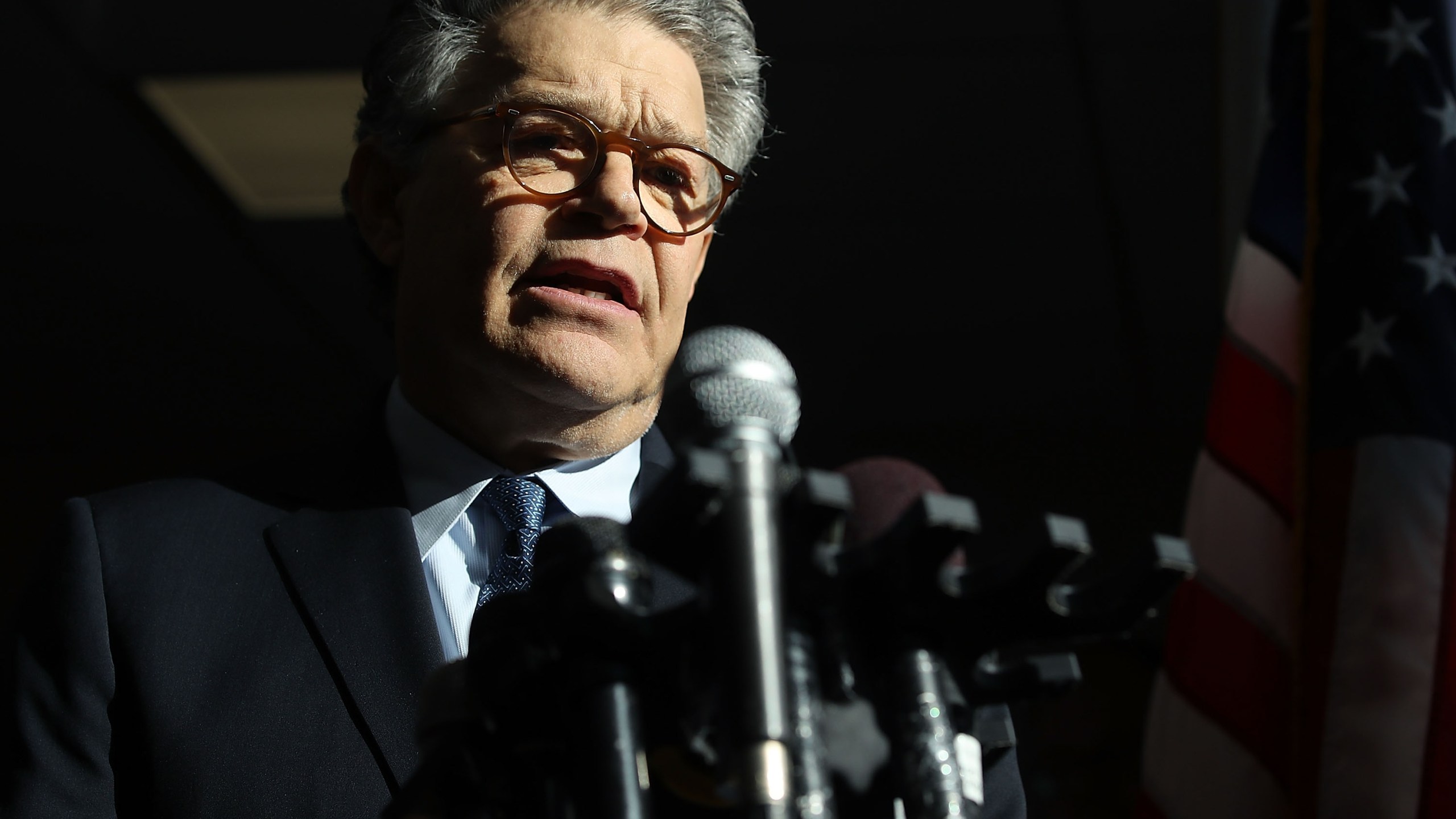 Sen. Al Franken speaks to the media after returning back to work in the Senate on Capitol Hill on Nov. 27, 2017 in Washington, D.C. (Credit: Mark Wilson/Getty Images)