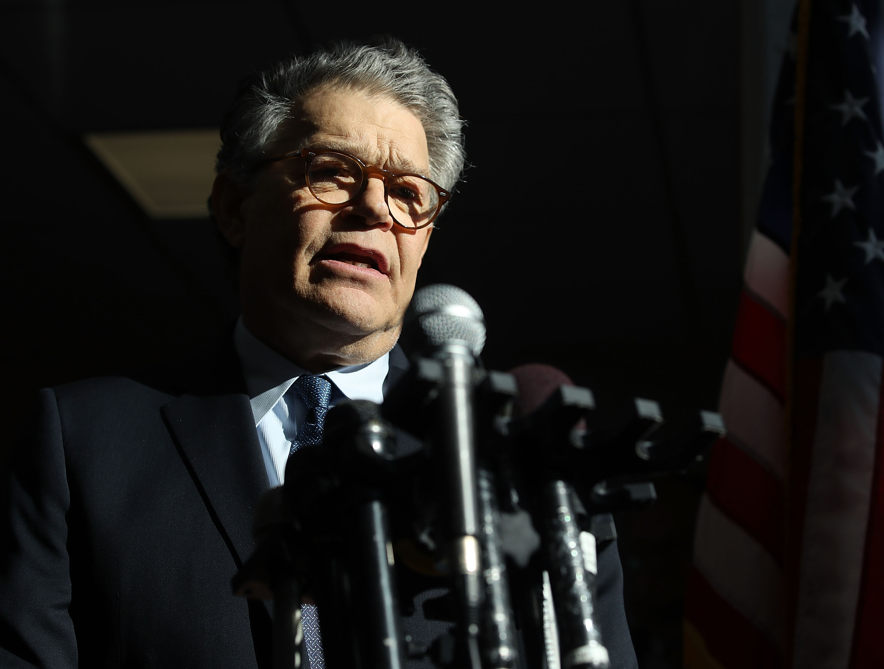 Sen. Al Franken speaks to the media after returning back to work in the Senate on Capitol Hill on Nov. 27, 2017 in Washington, D.C. (Credit: Mark Wilson/Getty Images)