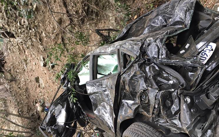 The car that fell over 500 feet off a cliff near Mt. Baldy in the Angeles National Forrest is shown here on Nov. 12, 2017. (Credit: Los Angeles County Sheriff's Department)