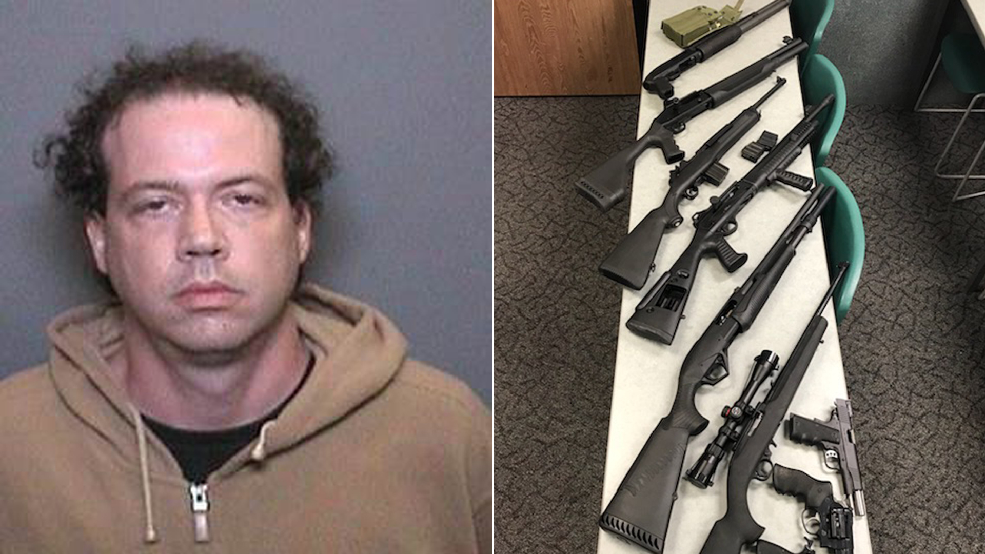 David Kenneth Smith (right) is shown in a photo released by the Orange County Sheriff's Department on Nov. 6, 2017. A cache of loaded guns were found when he was arrested (right).