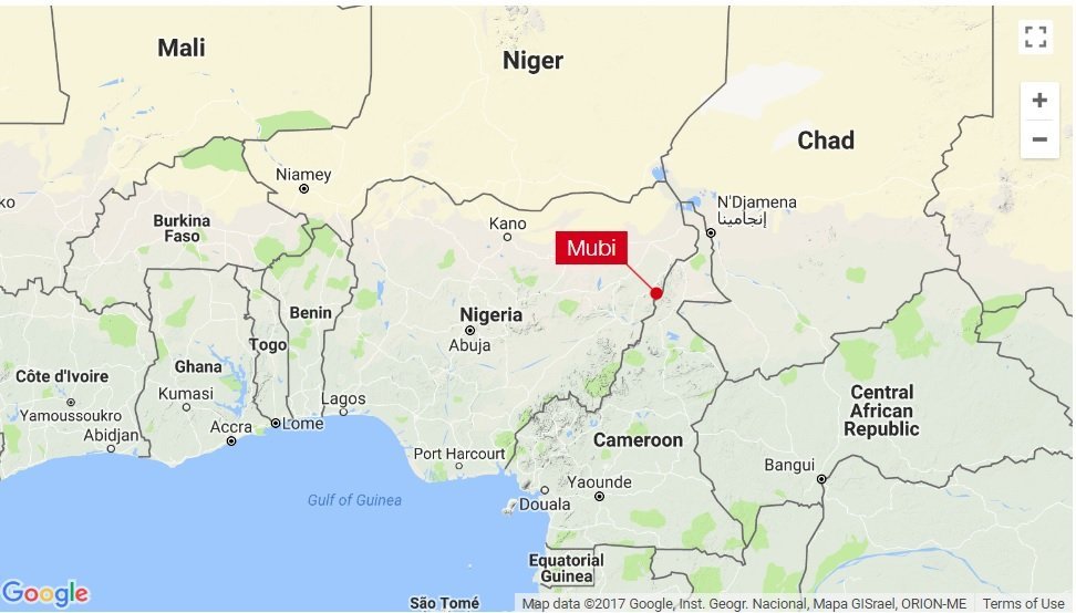 A map shows the approximate location of a mosque bombing in northern Nigeria.