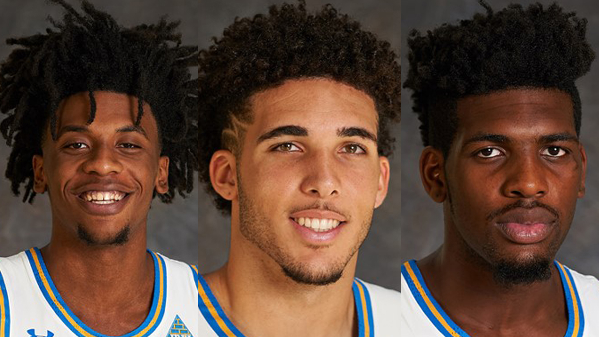 From left to right, UCLA basketball players Jalen Hill, LiAngelo Ball and Cody Riley are seen in photos provided by the university.