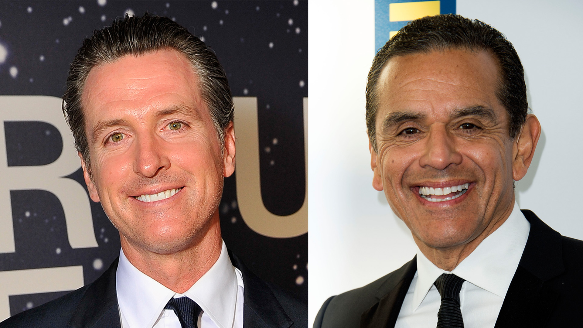 Gavin Newsom, left, attends the Breakthrough Prize Awards Ceremony at NASA Ames Research Center on Nov. 9, 2014 in Mountain View, California. Antonio Villaraigosa, right, arrives for The Human Rights Campaign Los Angeles Gala on March 18, 2017.