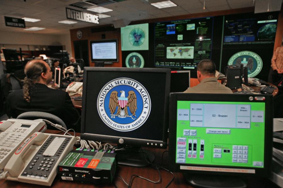 A computer workstation bears the National Security Agency logo inside its Fort Meade, Maryland, headquarters in a 2006 file photo. (Credit: Paul J. Richards / AFP / Getty Images)