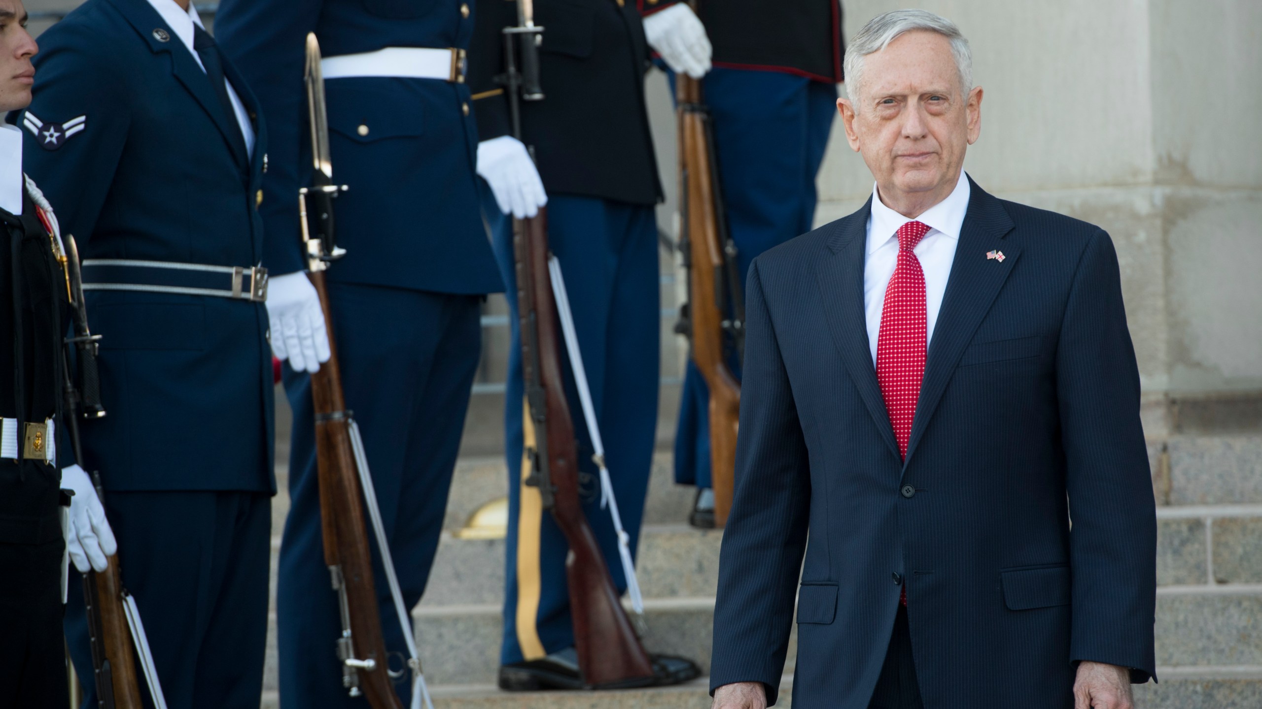 U.S. Secretary of Defense Jim Mattis arrives to greet Georgian Minister of Defense Levan Izoria prior to meetings at the Pentagon in Washington, D.C. on Nov. 13, 2017. (Credit: SAUL LOEB/AFP/Getty Images)