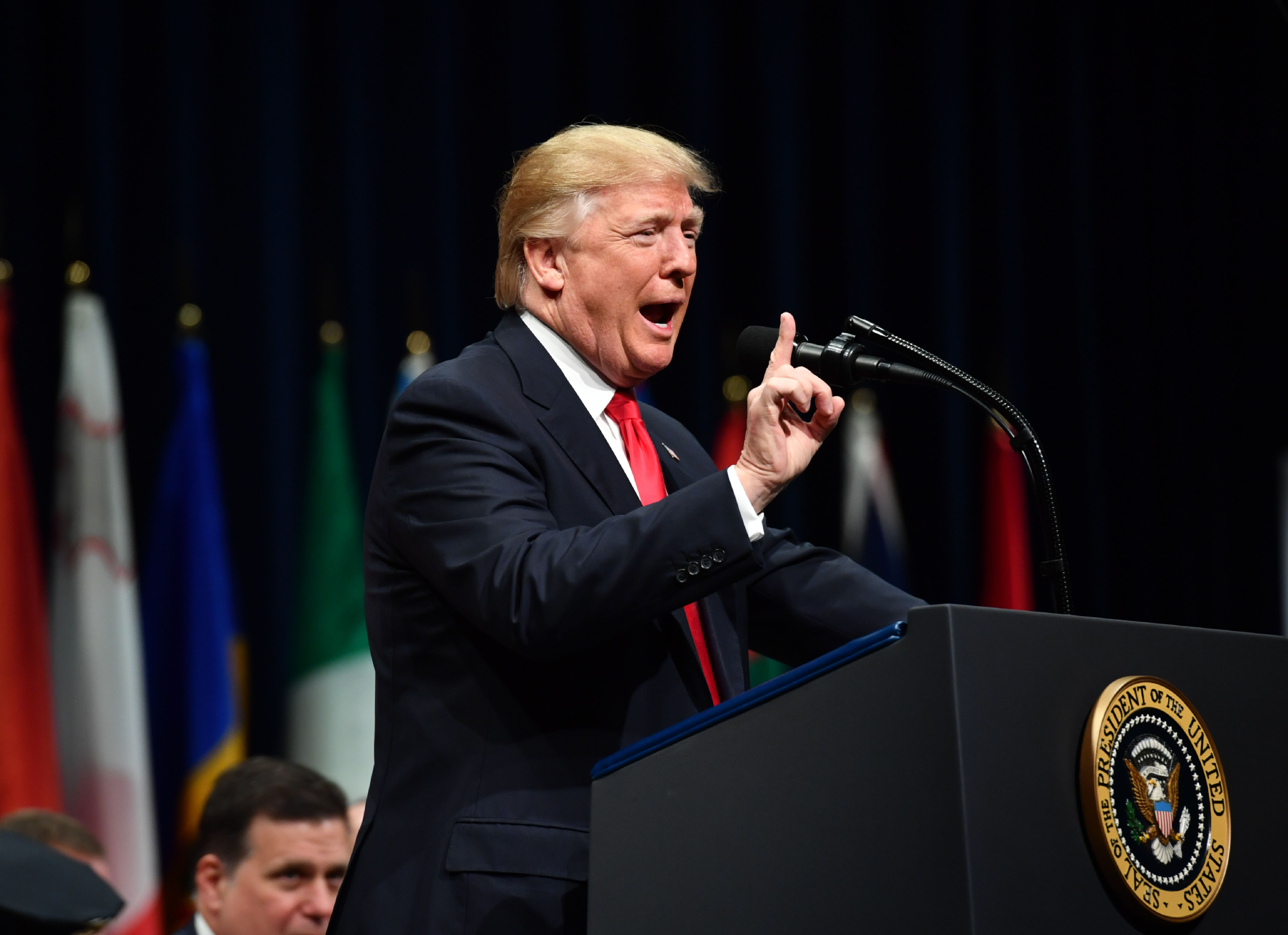 President Donald Trump speaks at the FBI National Academy graduation ceremony on Dec. 15, 2017, in Quantico, Virginia. (Credit: Nicholas Kamm / AFP / Getty Images)