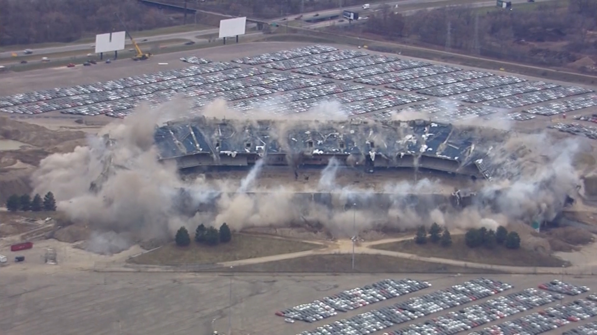 The Pontiac Silverdome successfully imploded after a second attempt by demolition crews Dec. 4, 2017. (Credit: CNN)