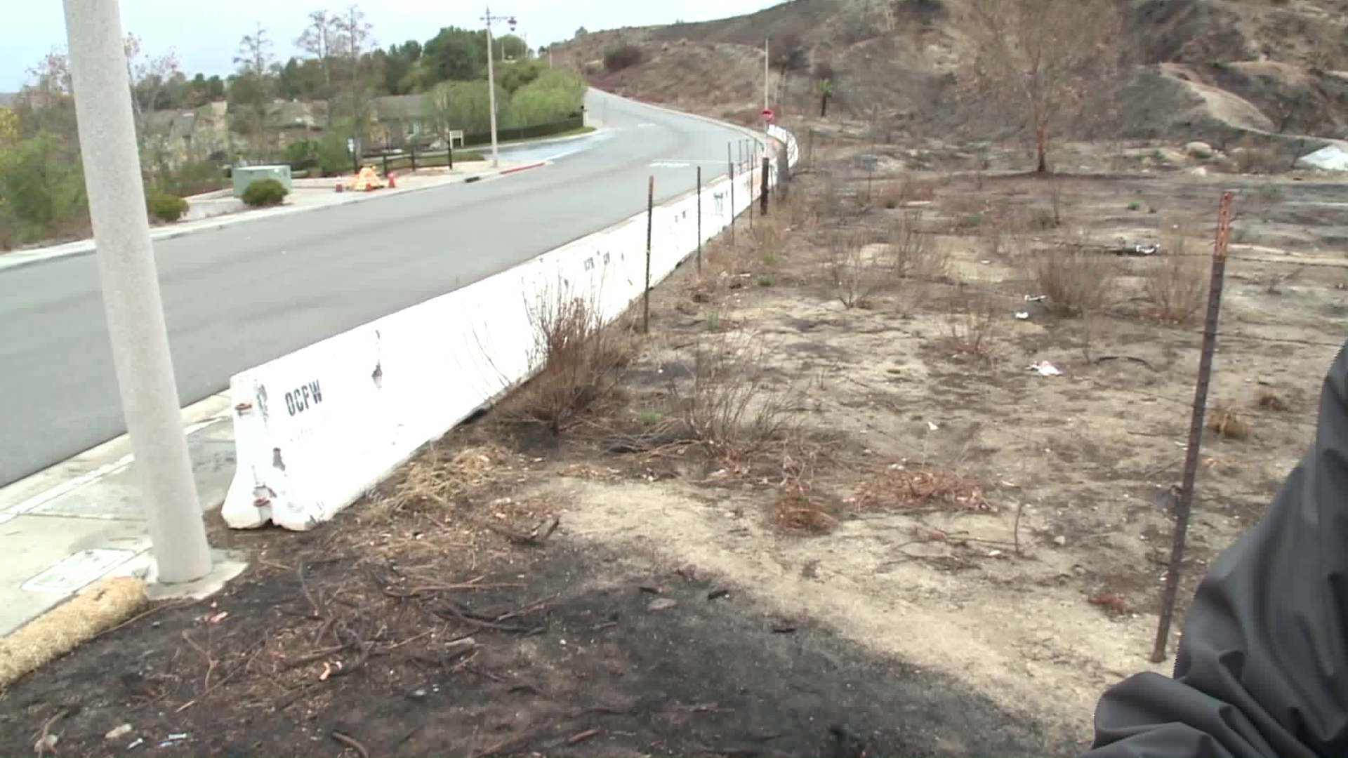 A K-rail was erected in Anaheim Hills on Jan. 9, 2018, to stop mudslides from the Canyon Fire 2 burn area, but flowing debris did not materialize. (Credit: KTLA)