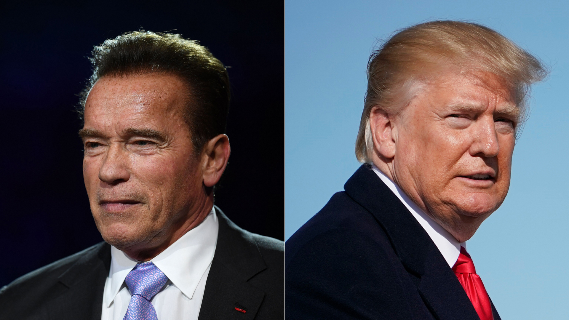 Left, former California Gov. Arnold Schwarzenegger speaks during a panel conference at the One Planet Summit on Dec. 12, 2017. President Donald Trump makes his way to board Air Force One before departing from Andrews Air Force Base on Jan. 18, 2018. (Credit: ERIC FEFERBERG/AFP/Getty Images and MANDEL NGAN/AFP/Getty Images)