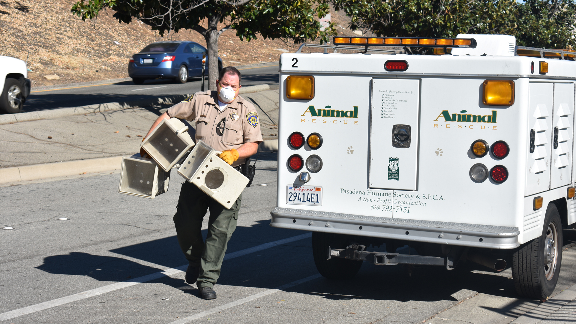 An animal control officers goes into a home to assist with the rescue of 54 cats in Pasadena on Jan. 23, 2018. (Credit: Pasadena Humane Society)