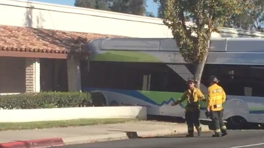 A Foothill Transit bus is seen after it crashed into a West Covina office building on Jan. 24, 2018. (Courtesy YaYa)