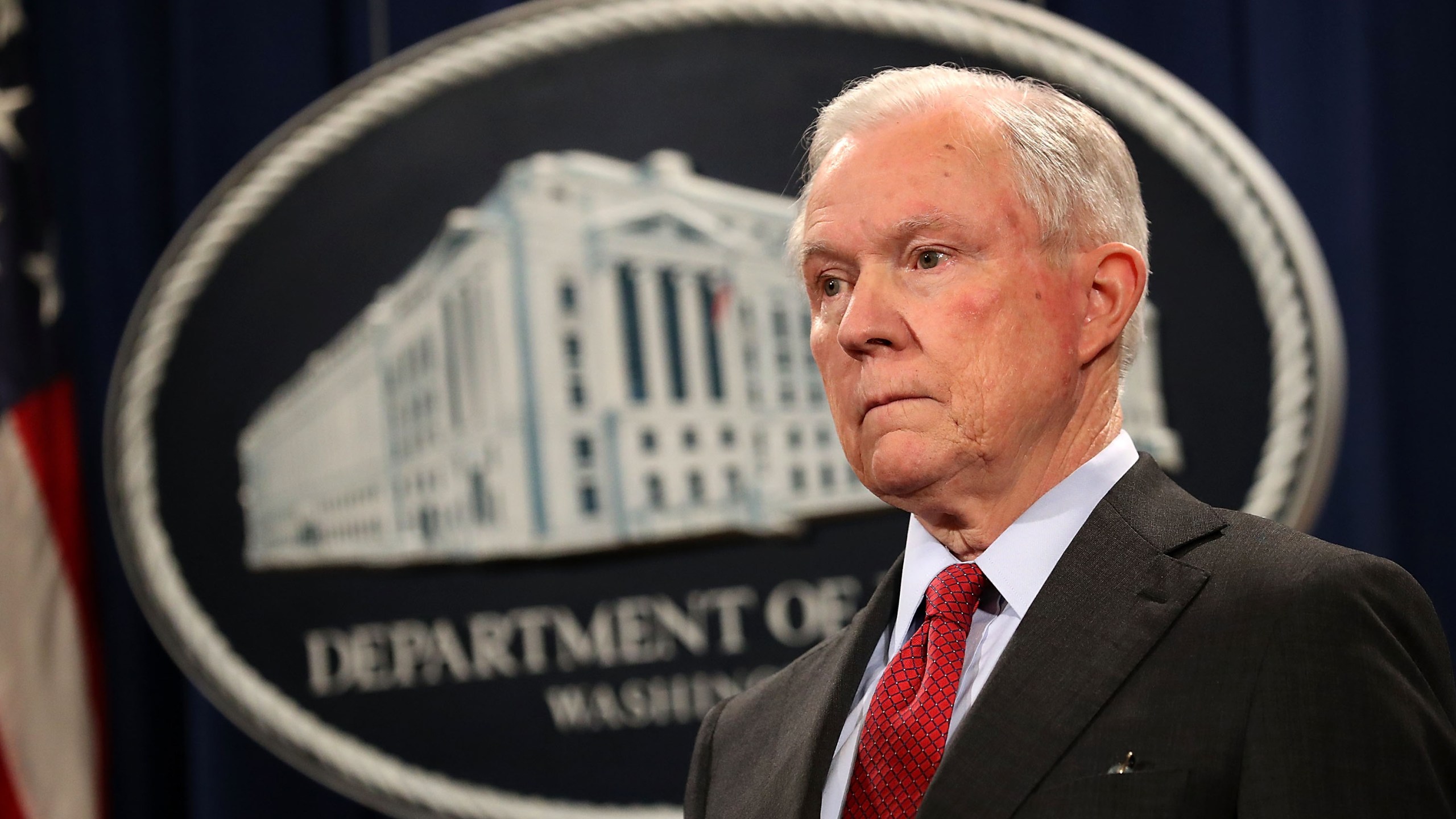 Attorney General Jeff Sessions holds a news conference at the Department of Justice on Dec. 15, 2017. (Credit: Chip Somodevilla / Getty Images)