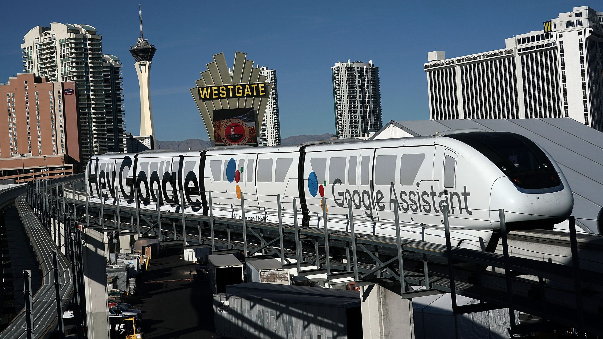 A Las Vegas Monorail car with a Google ad is seen running prior to the CES 2018 on Jan. 7, 2018. (Credit: Alex Wong/Getty Images)