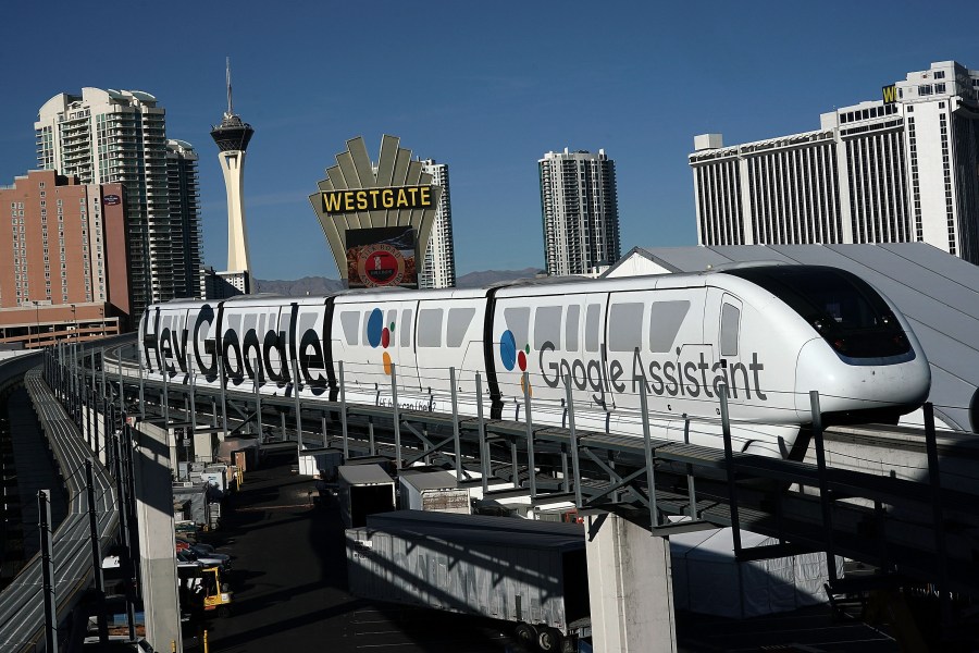 A Las Vegas Monorail car with a Google ad is seen running prior to the CES 2018 on Jan. 7, 2018. (Credit: Alex Wong/Getty Images)