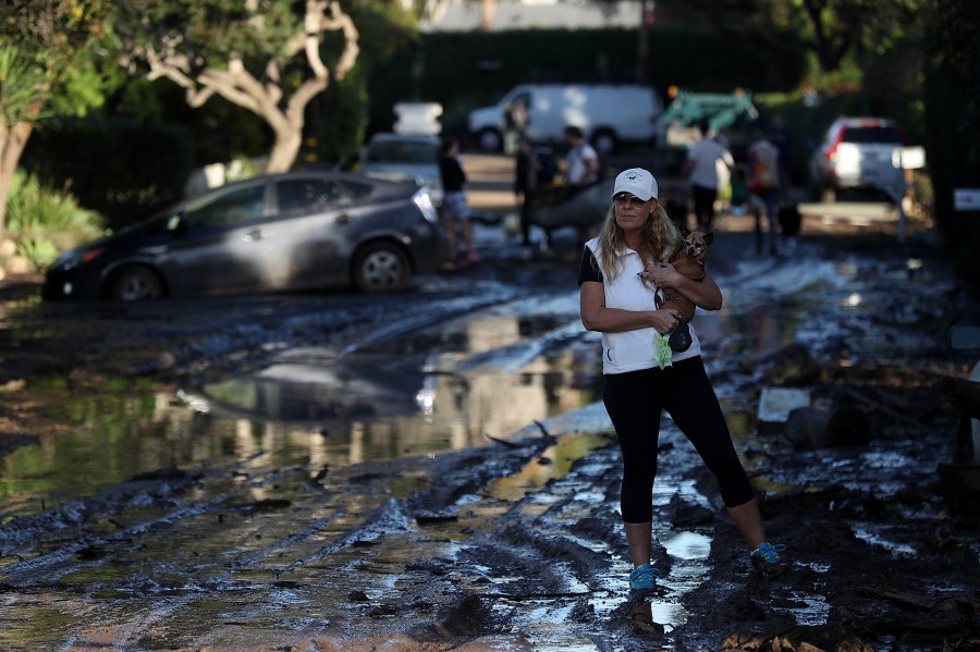 A resident carries her dog as she walks on a mud-covered road after a mudslide on Jan. 10, 2018, in Montecito. (Credit: Justin Sullivan/Getty Images)