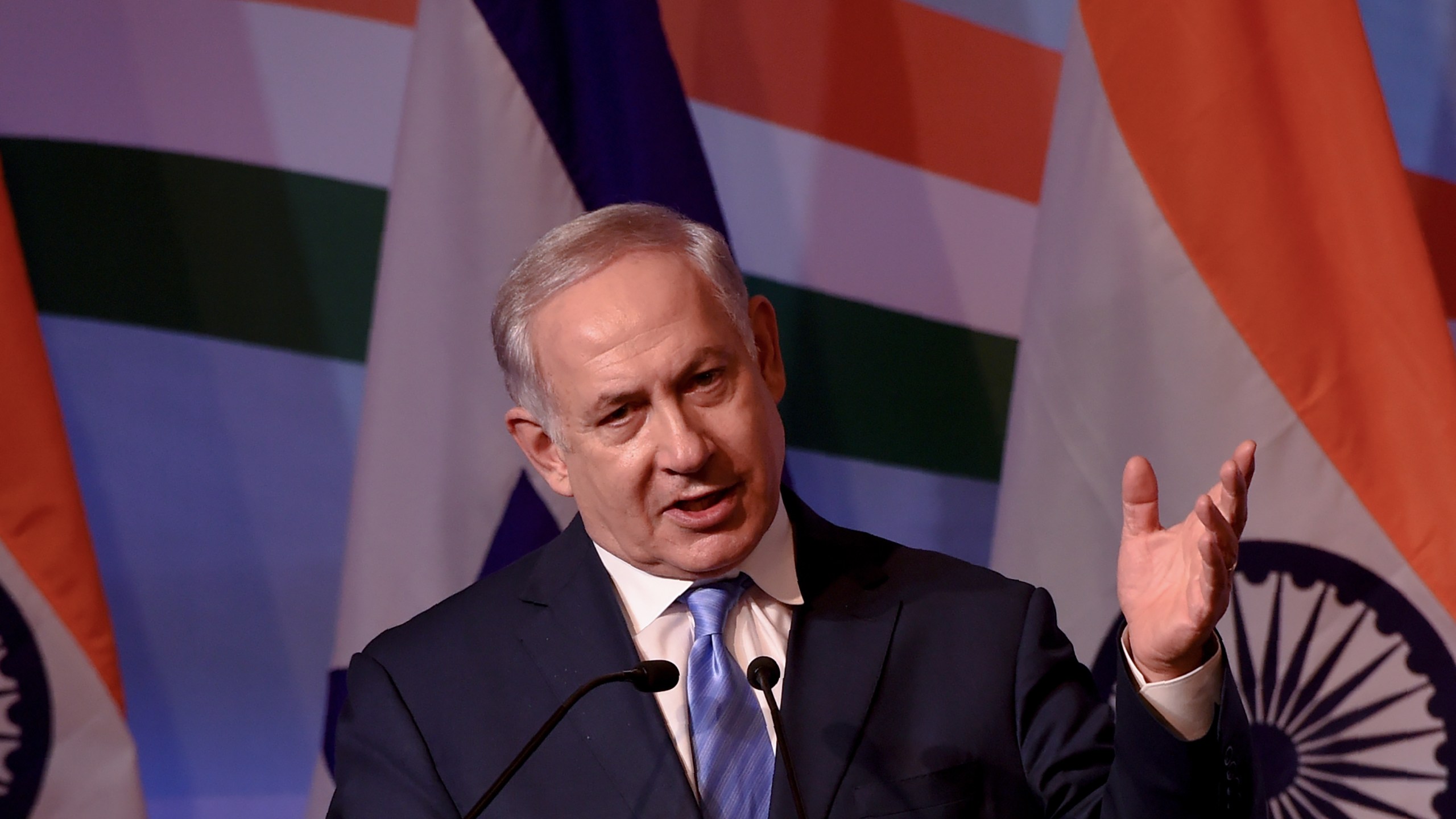 Israeli Prime Minister Benjamin Netanyahu gestures as he speaks during the India-Israel Business Summit in New Delhi on January 15, 2018. (Credit: MONEY SHARMA/AFP/Getty Images)