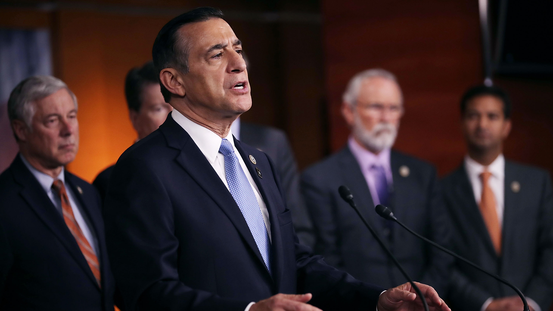 Rep. Darryll Issa, R-CA, is joined by more than a dozen Republican members of Congress as he speaks during a news conference about the Deferred Action for Childhood Arrivals program at the U.S. Capitol Nov. 9, 2017 in Washington, D.C. (Credit: Chip Somodevilla/Getty Images)