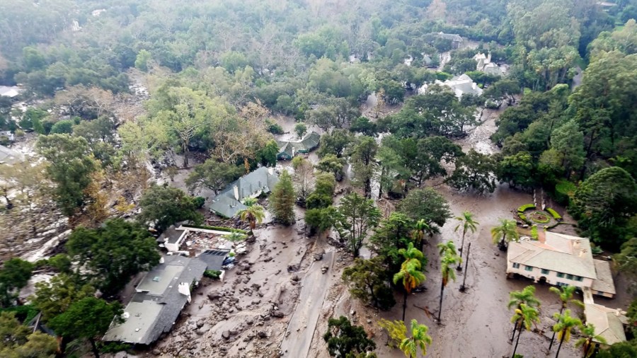 Aerial photos show the extent of the mudflow and damage in Montecito on Jan. 10, 2018, a day after slides and flooding hit. (Credit: Matt Udkow/Santa Barbara County Fire Department)