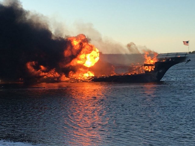 One person has died from their injuries after a casino shuttle boat caught fire on Sunday afternoon on the Gulf Coast in Port Richey. (Credit: PASCO COUNTY FIRE RESCUE)