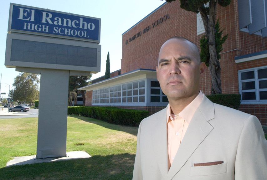 Teacher Gregory Salcido stands in front of El Rancho High School in Pico Rivera on July 21, 2010. (Credit: Keith Durflinger / Whittier Daily News)