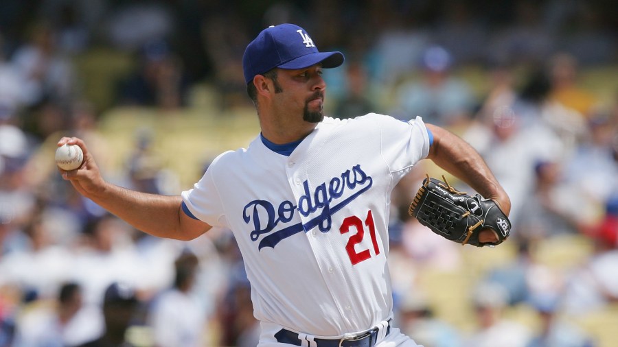 Esteban Loaiza of the Los Angeles Dodgers pitches against the Colorado Rockies at Dodger Stadium on April 27, 2008 in Los Angeles. (Credit: Lisa Blumenfeld/Getty Images)