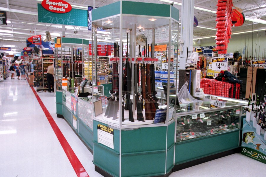 Guns are shown for sale at a Wal-Mart on July 19, 2000. (Credit: Getty Images)