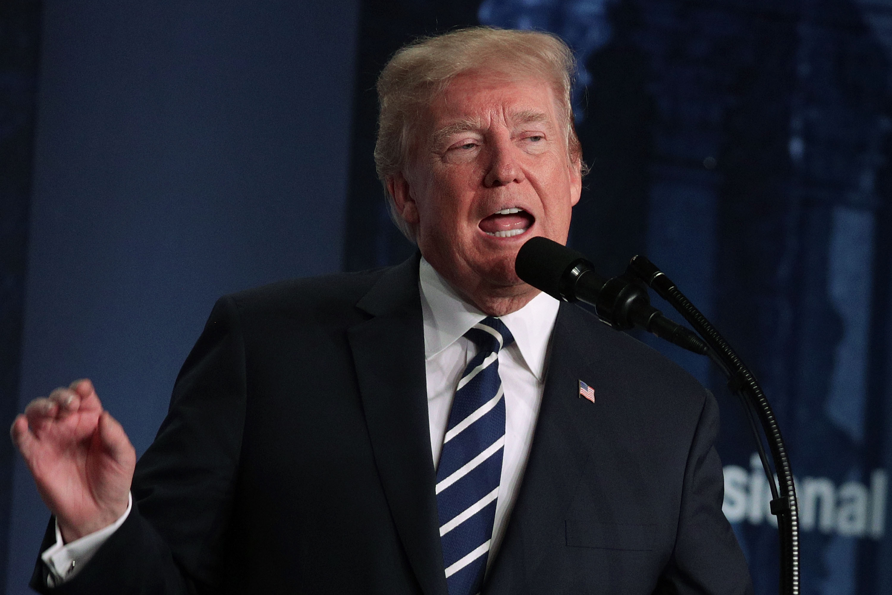 U.S. President Donald Trump speaks during a lunch at the 2018 House & Senate Republican Member Conference February 1, 2018 at the Greenbrier resort in White Sulphur Springs, West Virginia. (Credit: Alex Wong/Getty Images)