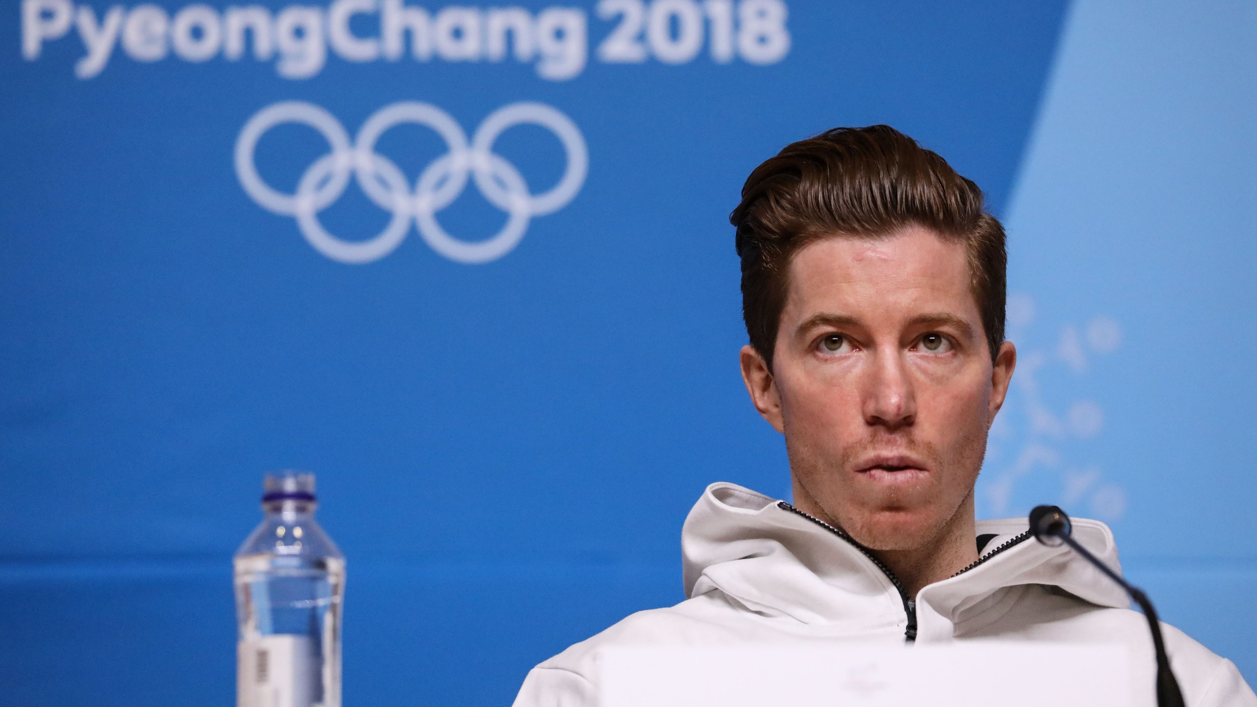 USA's snowboard athlete Shaun White attends a press conference at the Media Press Center ahead of the Pyeongchang 2018 Winter Olympic Games on February 8, 2018 in Pyeongchang. (Credit: FLORIAN CHOBLET/AFP/Getty Images)