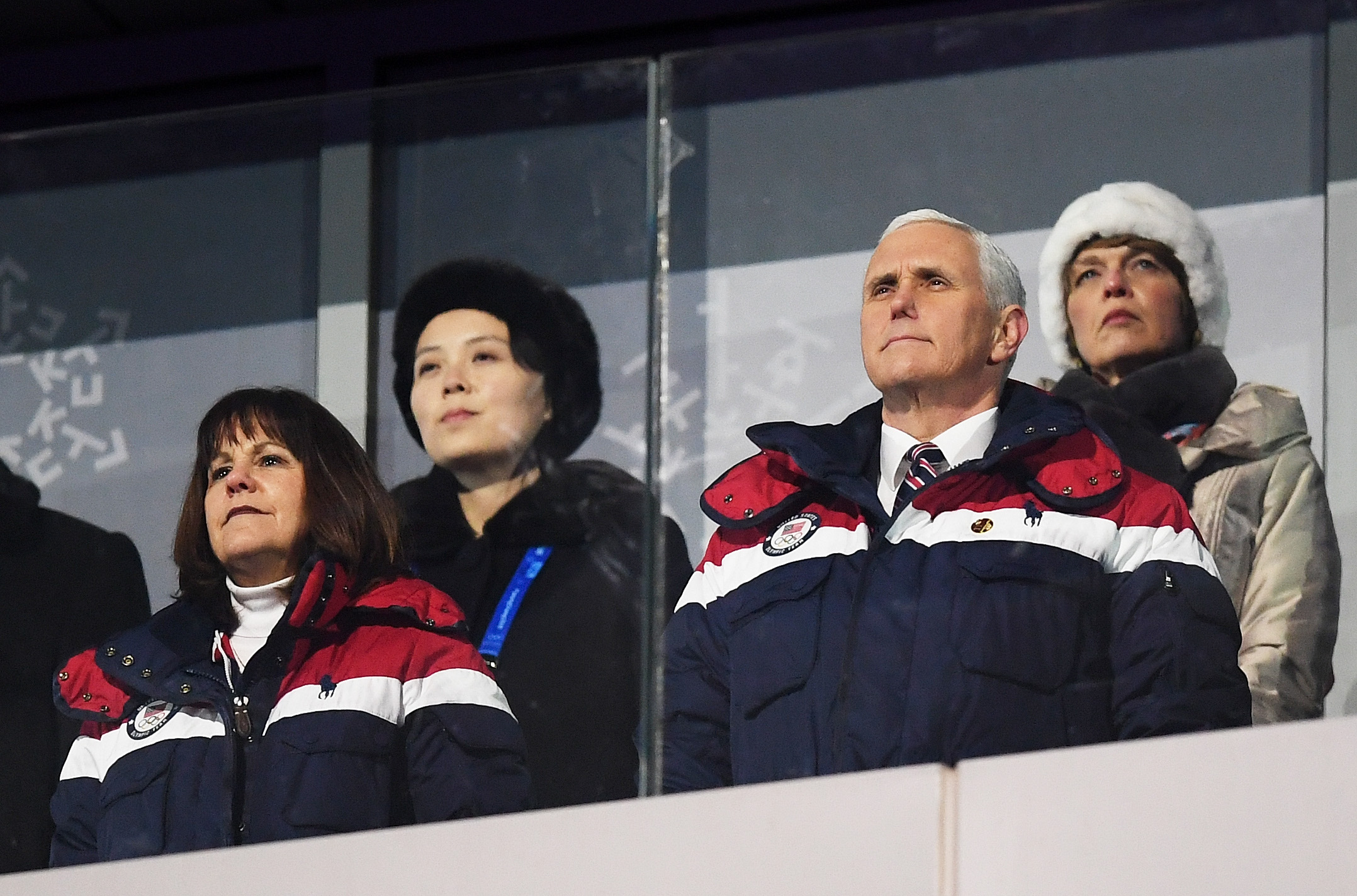 Vice President Mike Pence and North Korean Leader Kim Jong Un's sister Kim Yo-Jong, back left, watch during the Opening Ceremony of the Pyeongchang 2018 Winter Olympic Games on Feb. 9, 2018 in Pyeongchang-gun, South Korea. (Credit: Matthias Hangst/Getty Images)