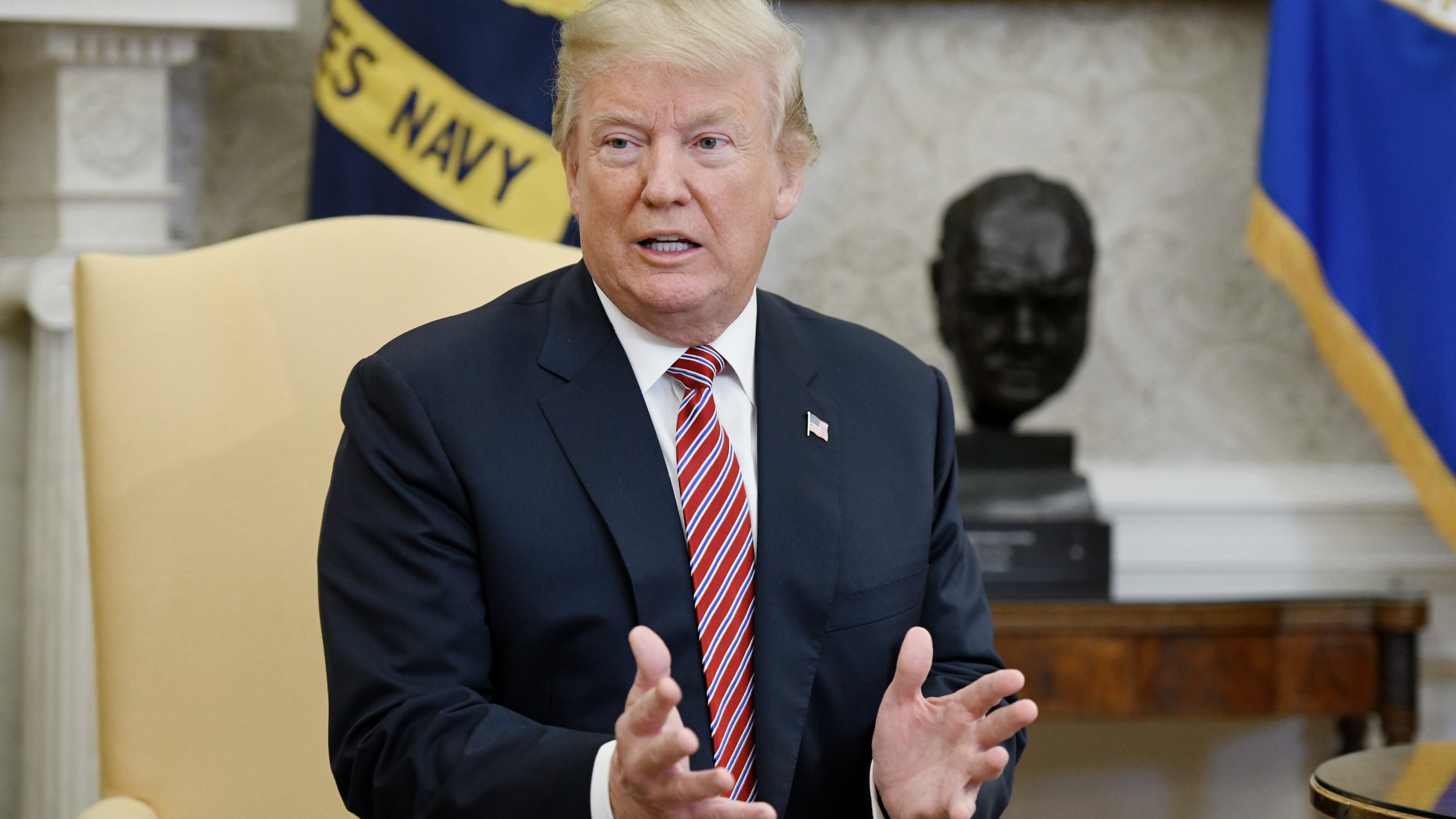 Donald Trump speaks during a meeting in the Oval Office of the White House on Feb. 9, 2018. (Credit: Olivier Douliery-Pool/Getty Images)