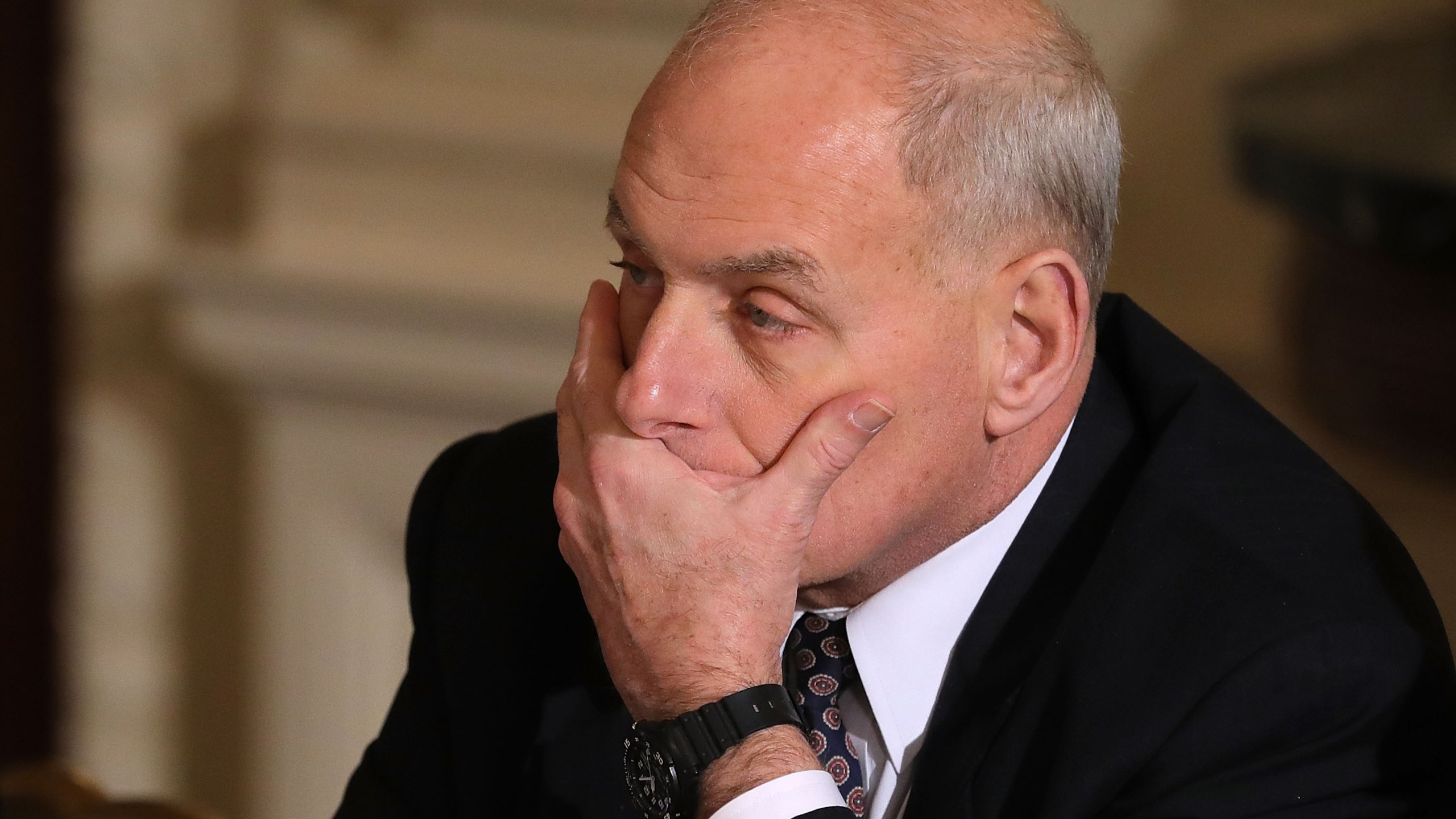 White House Chief of Staff John Kelly during a meeting where President Donald Trump unveiled his administration's long-awaited infrastructure plan in the State Dining Room at the White House on Feb. 12, 2018. (Credit: Chip Somodevilla / Getty Images)