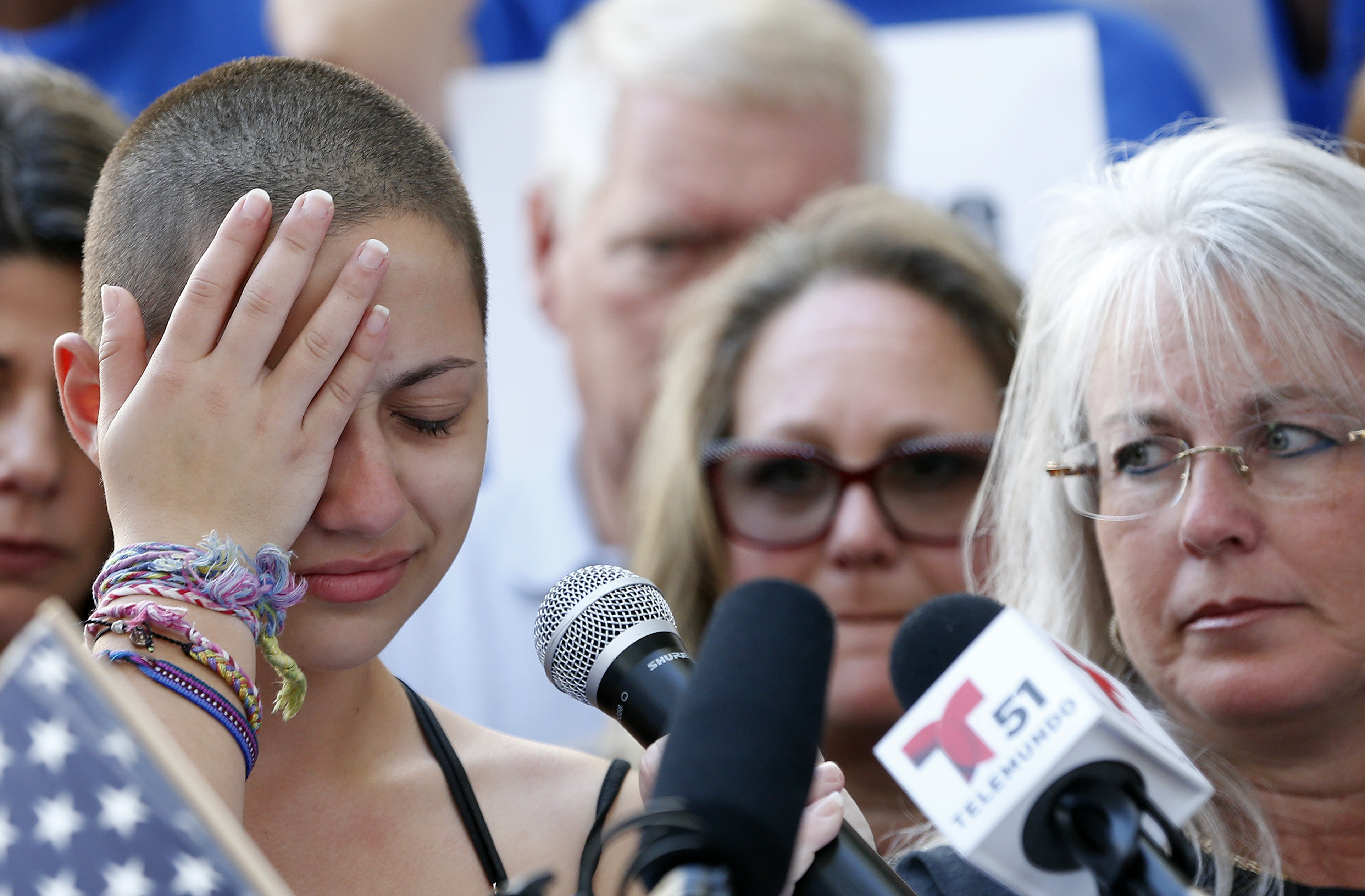 Marjory Stoneman Douglas High School student Emma Gonzalez reacts during her speech at a rally for gun control at the Broward County Federal Courthouse in Fort Lauderdale, on Feb. 17, 2018. (Credit: Rhona Wise /AFP/Getty Images)