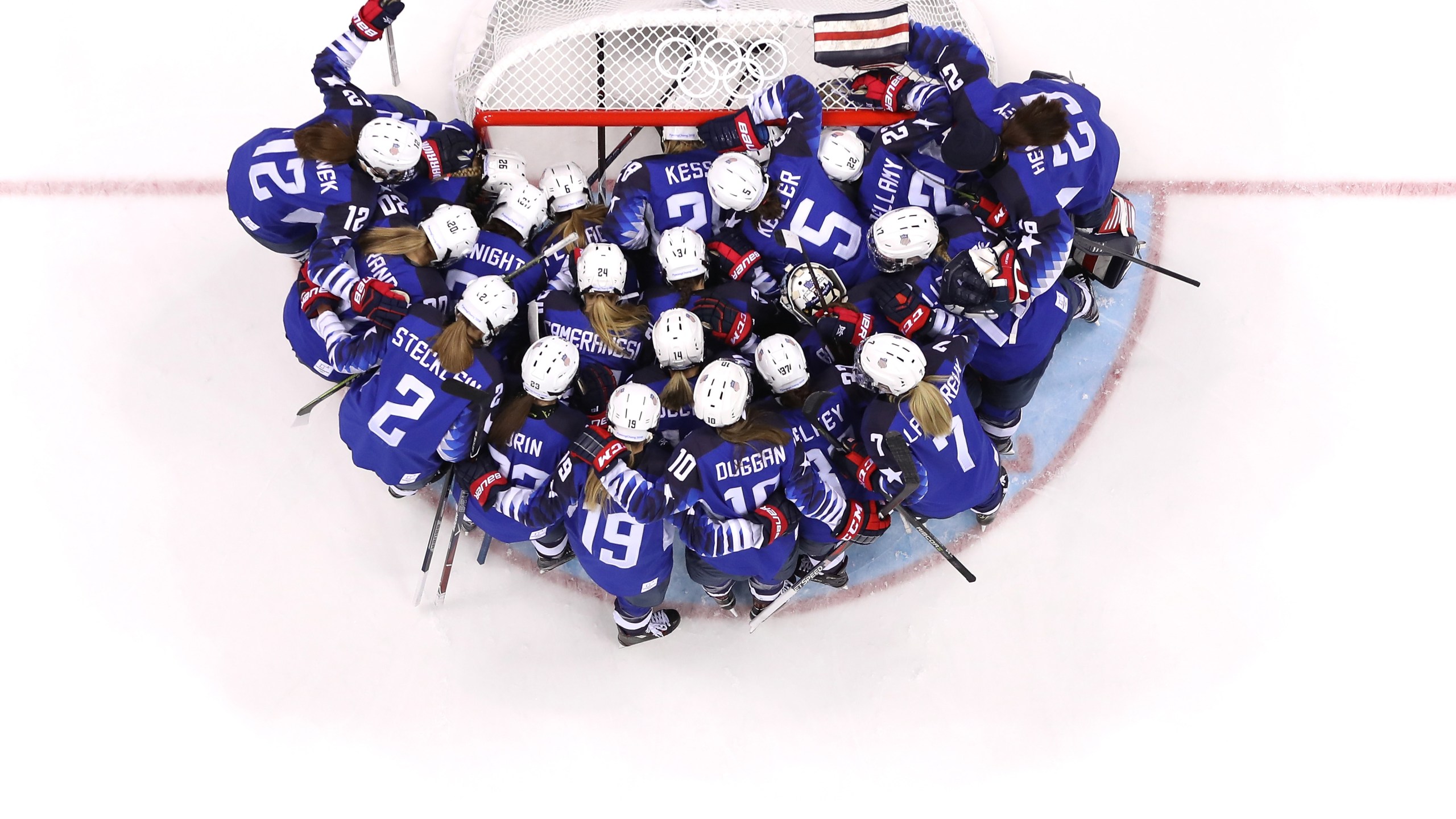 Team United States huddles on the ice prior to the women's gold medal game against Canada at the PyeongChang 2018 Winter Olympics on Feb. 22, 2018. (Credit: Jamie Squire / Getty Images)