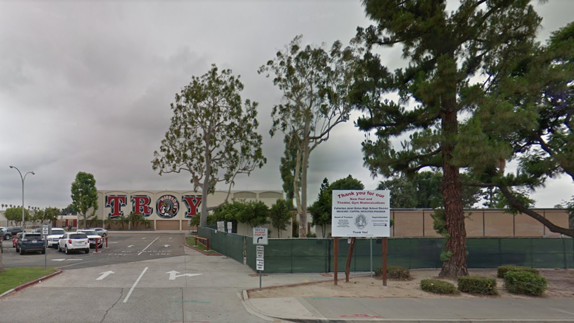 Troy High School is shown in a Street View image from Google Maps.