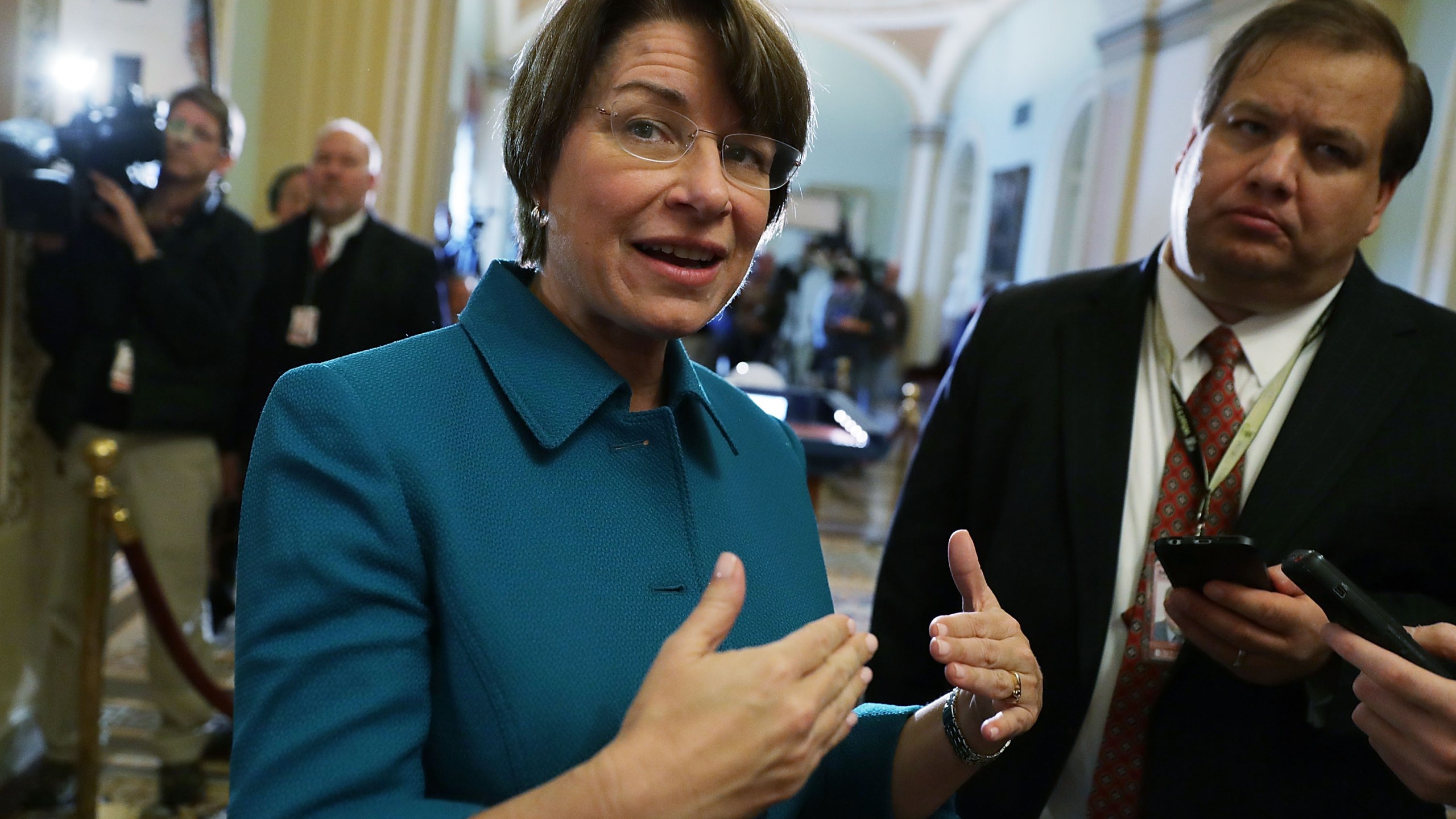 U.S. Sen. Amy Klobuchar, D-MN, speaks to members of the media after an election meeting of Senate Democrats to elect new leadership at the Capitol November 16, 2016 in Washington, D.C. (Credit: Alex Wong/Getty Images)