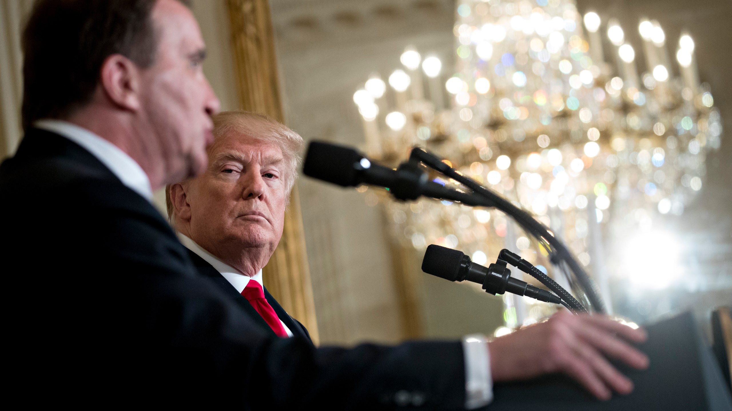 President Donald Trump, right, listens as Stefan Lofven, Sweden's prime minister, speaks during a joint news conference in the East Room of the White House on March 6, 2018 in Washington, D.C. (Credit: Andrew Harrer-Pool via Getty Images)