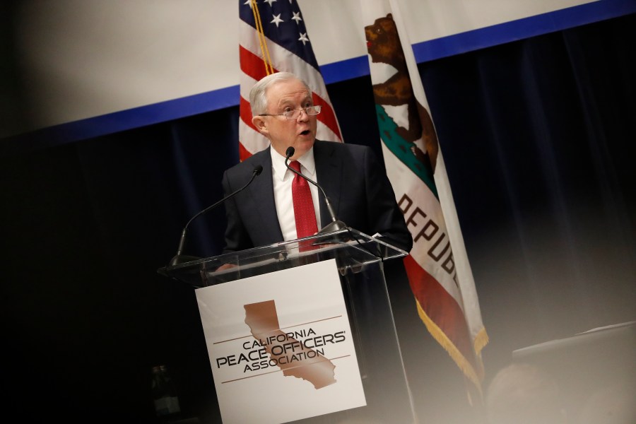 Attorney General Jeff Sessions speaks at the California Peace Officers' Association 26th Annual Law Enforcement Legislative Day on March 7, 2018, in Sacramento, announcing a lawsuit against California. (Credit: Stephen Lam/Getty Images)