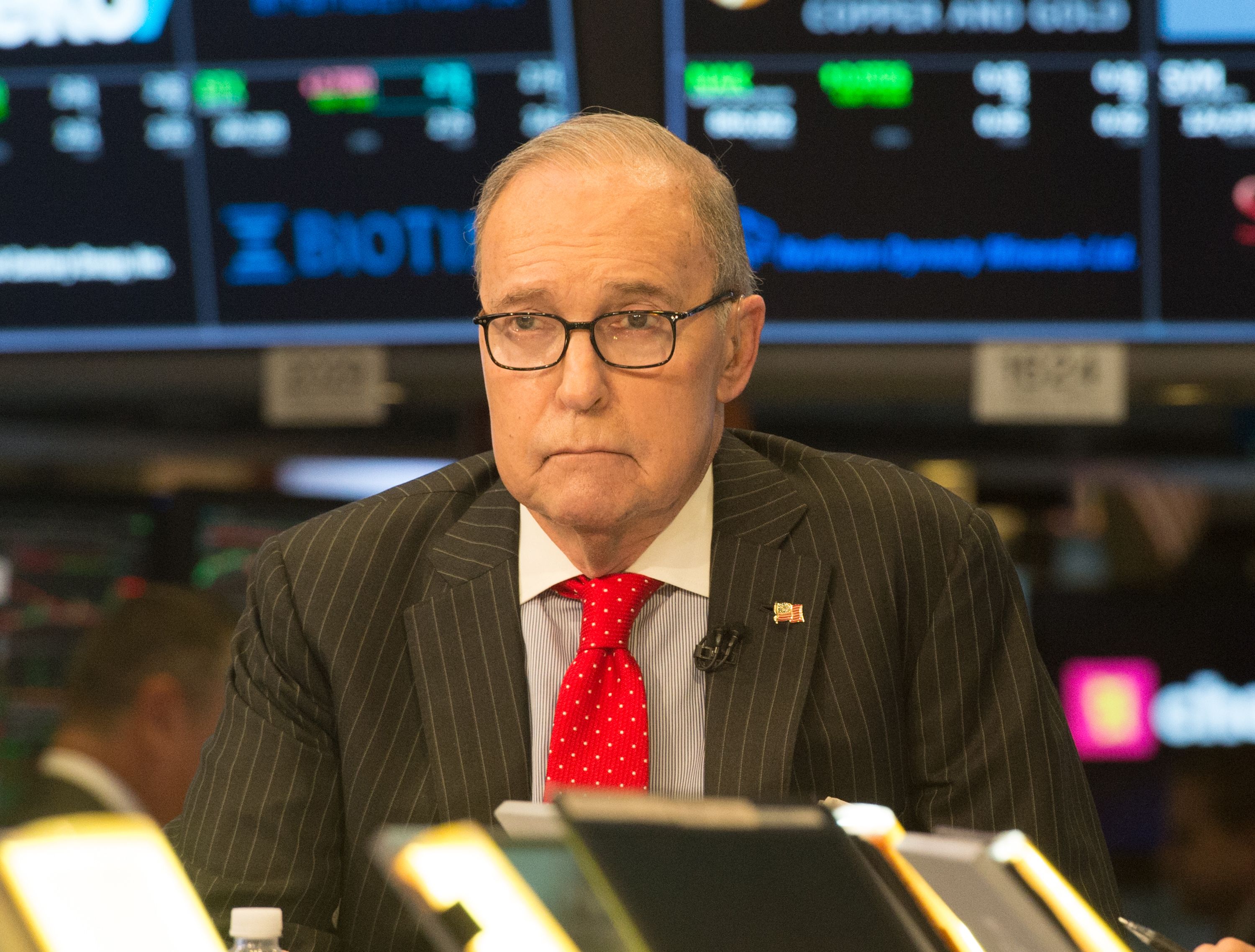 Conservative commentator and economic analyst Larry Kudlow speaks on the set of CNBC in New York on March 8, 2018. (Credit: Bryan R. Smith / AFP / Getty Images)