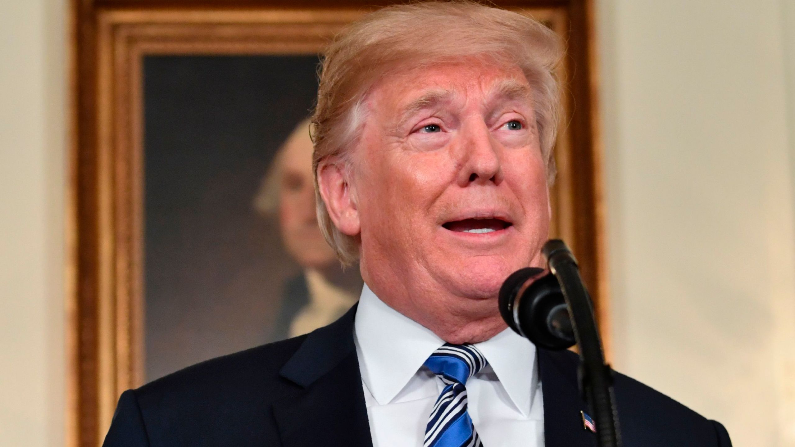 President Donald Trump speaks about the spending bill during a press conference in the Diplomatic Reception Room at the White House on March 23, 2018. (Credit: Nicholas Kamm / AFP / Getty Images)