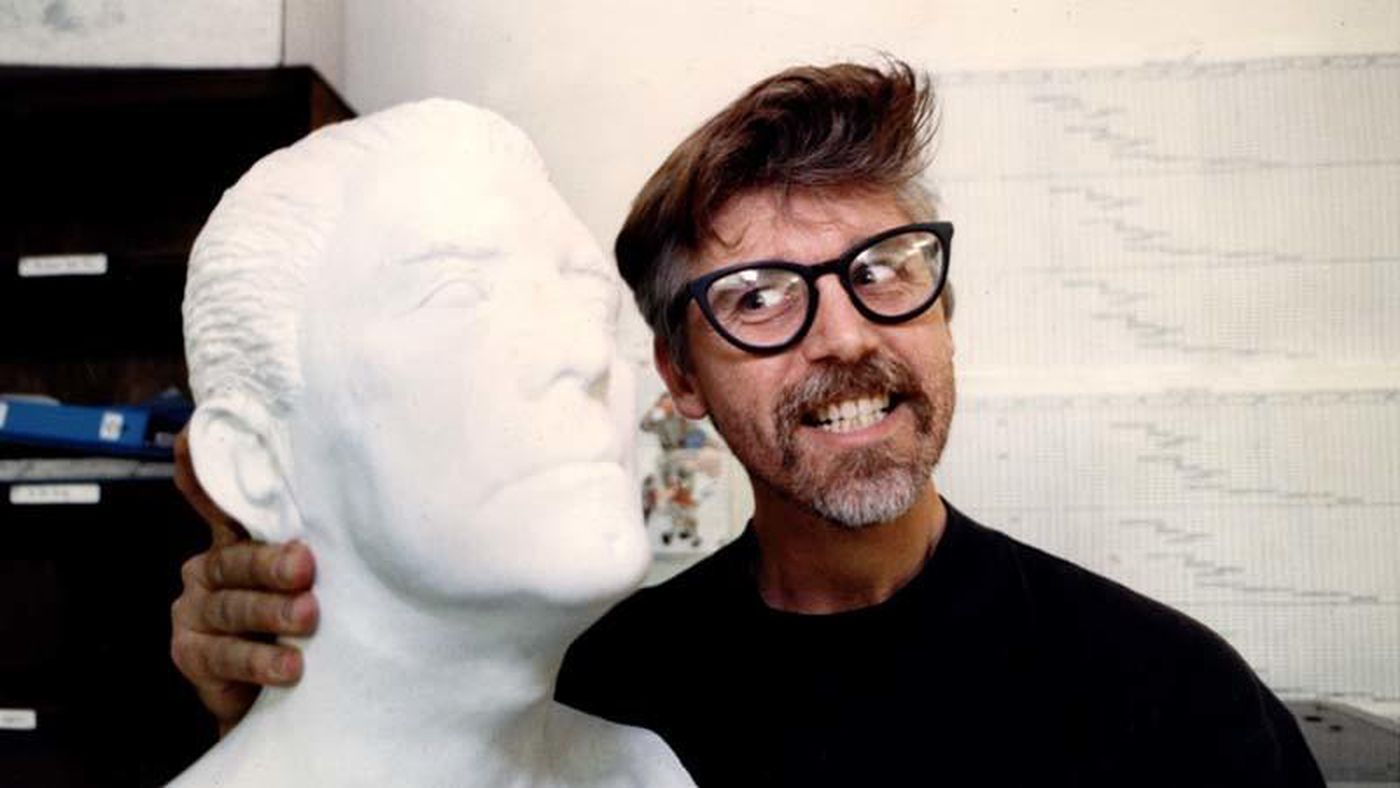 John Kricfalusi in 1992 with a bust of his idol, Kirk Douglas. (Credit: Larry Bessel / Los Angeles Times)