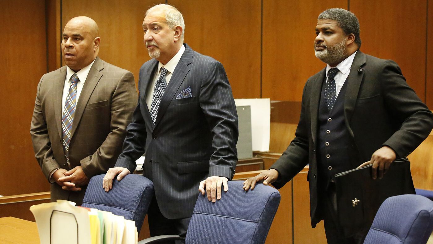 Attorney Matthew Fletcher, left, represented by Mark J. Geragos, center, and attorney Thaddeus Culpepper appear in court as they were indicted on charges of conspiring to bribe potential witnesses in the pending murder case of former rap mogul Marion "Suge" Knight on March 16, 2018. (Credit: Al Seib / Los Angeles Times)